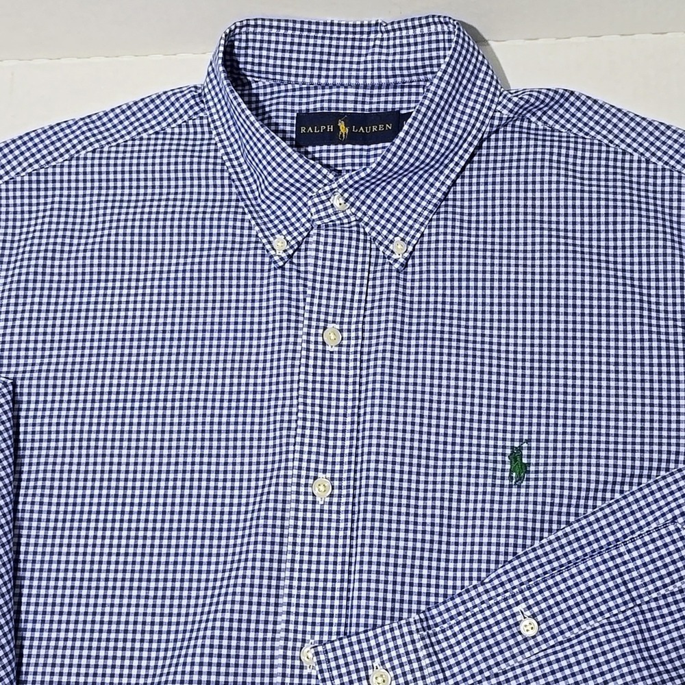 Lauren Ralph Lauren Mens Button Up Shirt Blue White Gingham Check Green Pony